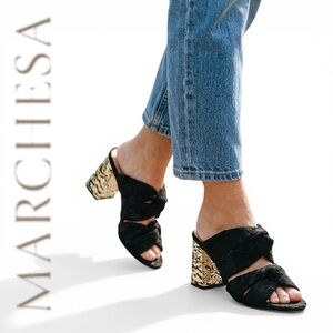 Muse by Marchesa Iris Slide Sandals Women Black Printed Block Heel Size 8.5